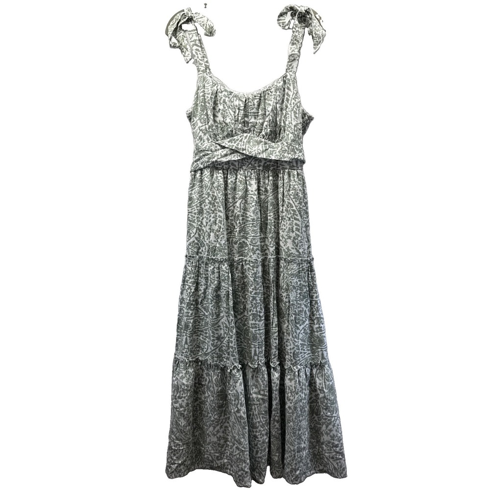 Trixxi Women's Midi Dress Large Green White Baby Doll Tiered Ruffle Sleeveless